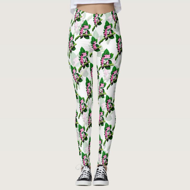Leggings Rana Rosa En Diseño De Patrón De Hojas Verdes (Anverso)