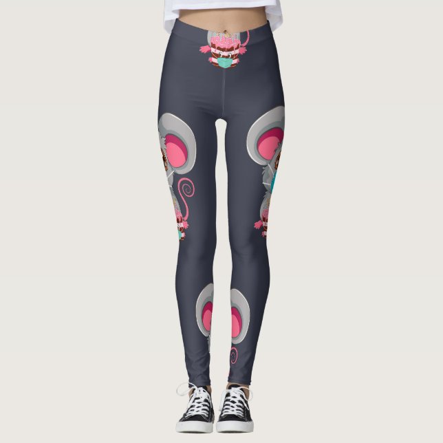 Leggings Ratón kawaii con máscara facial con pastel (Anverso)