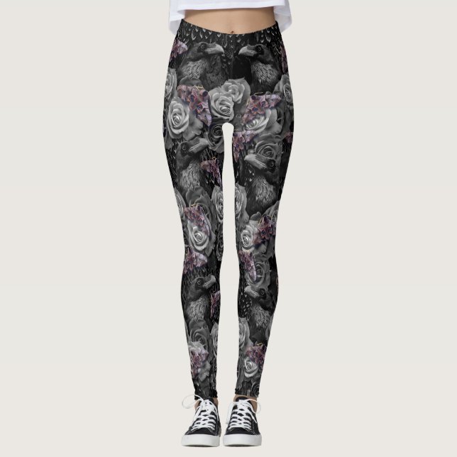 Leggings Raven gris oscuro Evermore con Rosas y Hawkmes (Anverso)