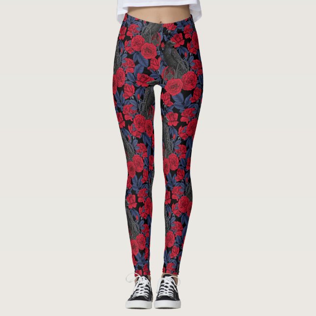 Leggings Ravens y rosas con hojas azul oscuro (Anverso)