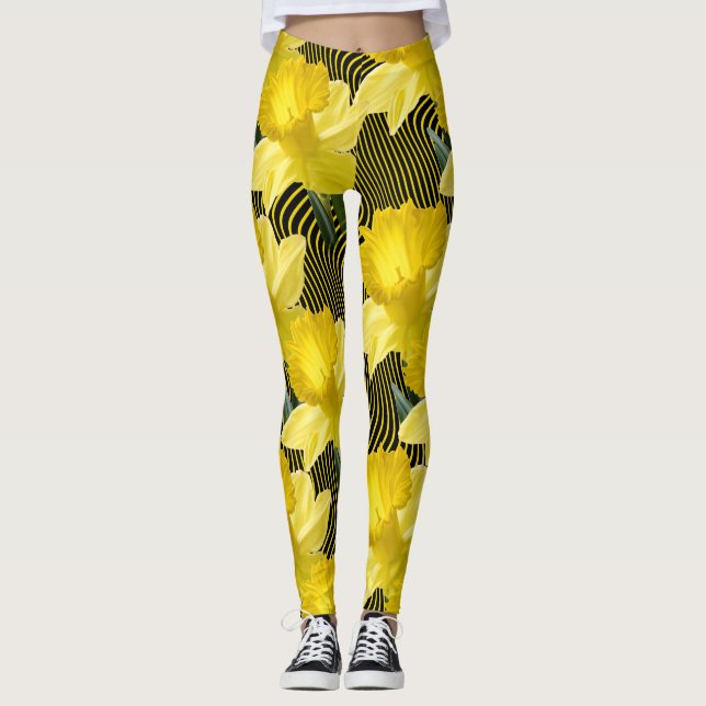 Leggings Raya amarilla ondulada de los narcisos florales (Anverso)