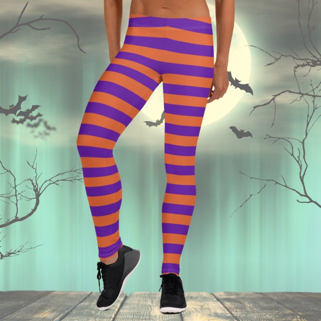 Leggings rayado naranja y púrpura (Striped Halloween Costume Leggings for Women, Purple and Orange festive pants, Witch costume)