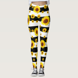 Leggings Rayas blancas negras con flor de girasol