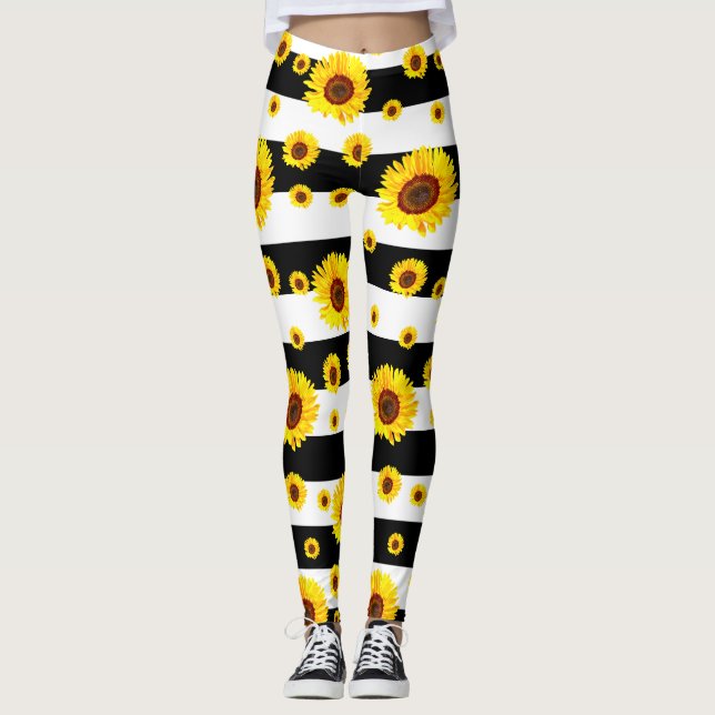 Leggings Rayas blancas negras con flor de girasol (Anverso)