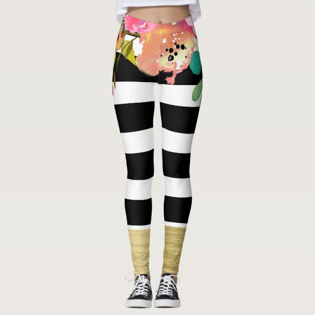 Leggings Rayas blancas negras Glam Moda floral moderna dora (Anverso)
