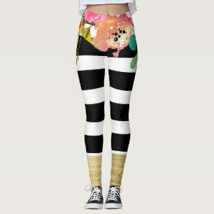 Leggings Rayas Blancas y Negras Glam Gold Moderno Floral Ch
