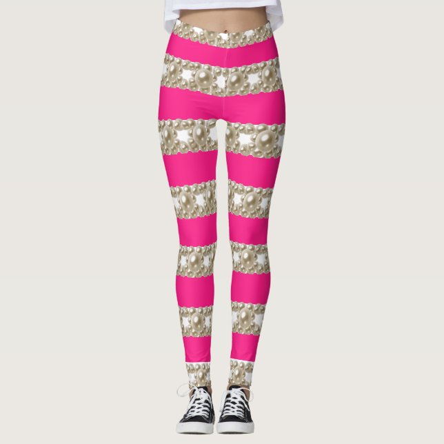 Leggings rayas blancas y rosas calientes con perlas de dise (Anverso)
