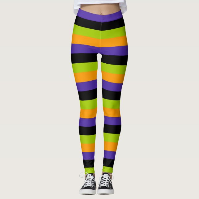 Leggings Rayas de bruja púrpura naranja negro verde Hallowe (Anverso)