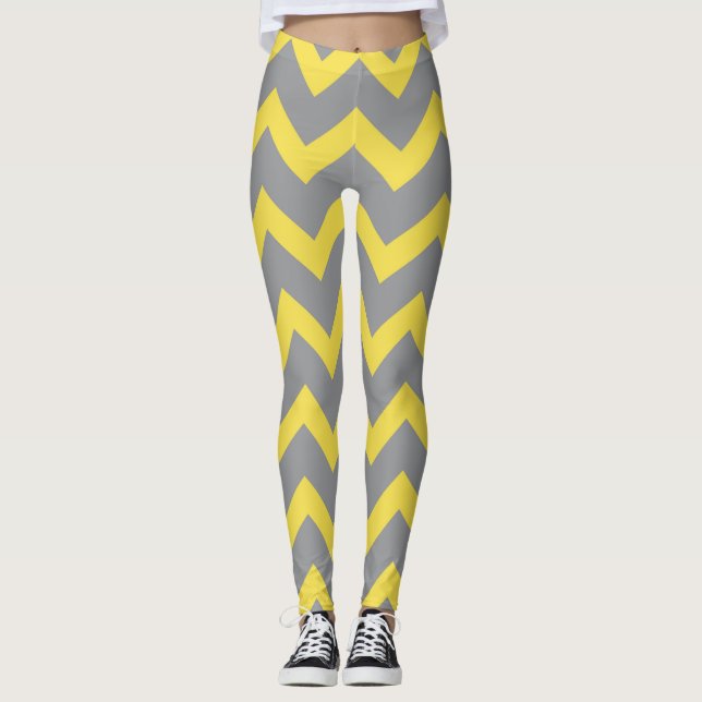 Leggings Rayas de las líneas de patrón gris amarillo chevro (Anverso)