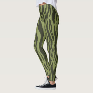Leggings Rayas de Tigre Glamurosas en Verde Musgo Estampado