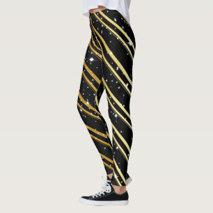 Leggings Rayas doradas elegantes con nieve en NEGRO