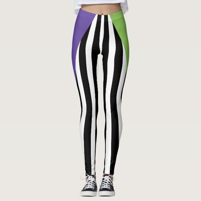 Leggings Rayas musicales verdes moradas en blanco y negro (Anverso)