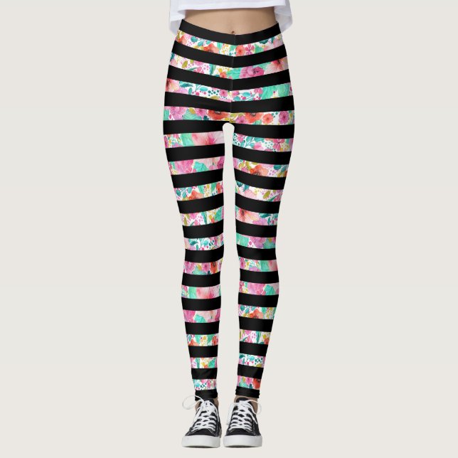 Leggings Rayas negras sobre patrón floral colorido (Anverso)