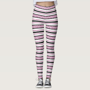 Leggings Rayas Negras y Blancas con Patrón Floral Magenta