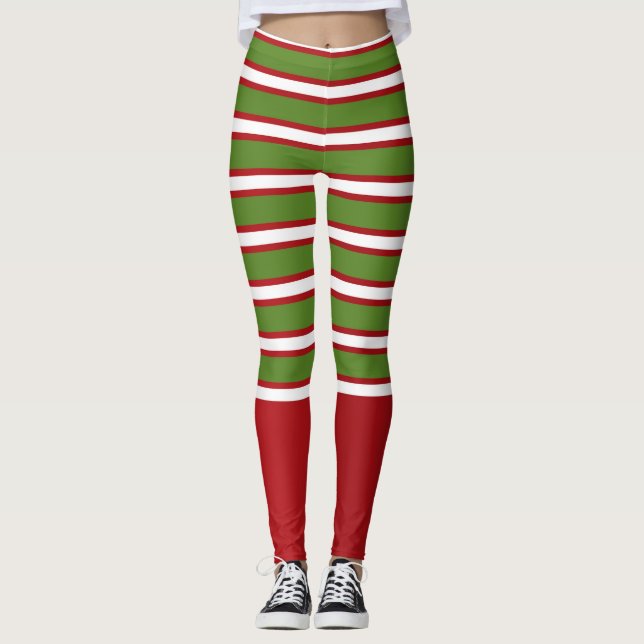Leggings Rayas superpuestas verdes rojas y blancas festivas (Anverso)