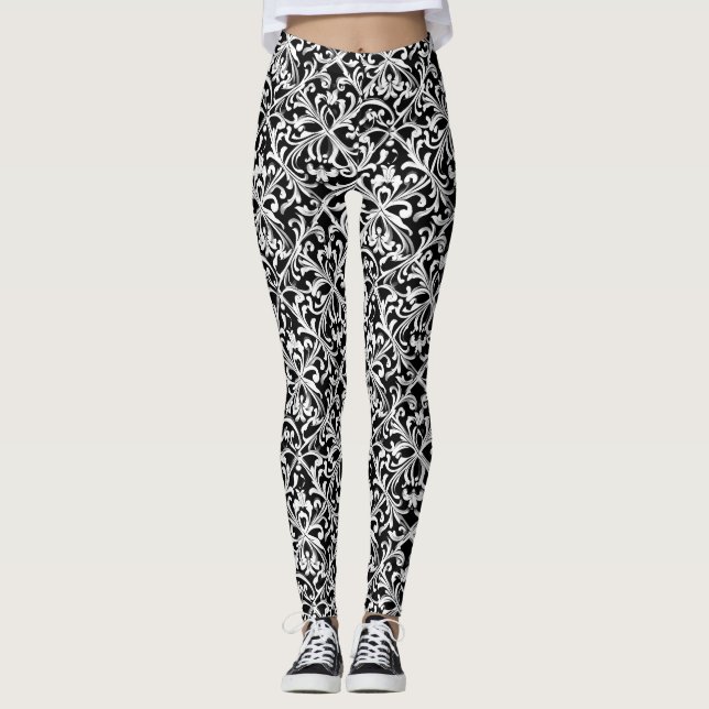 Leggings Recorte de ornamentos florales en blanco y negro (Anverso)