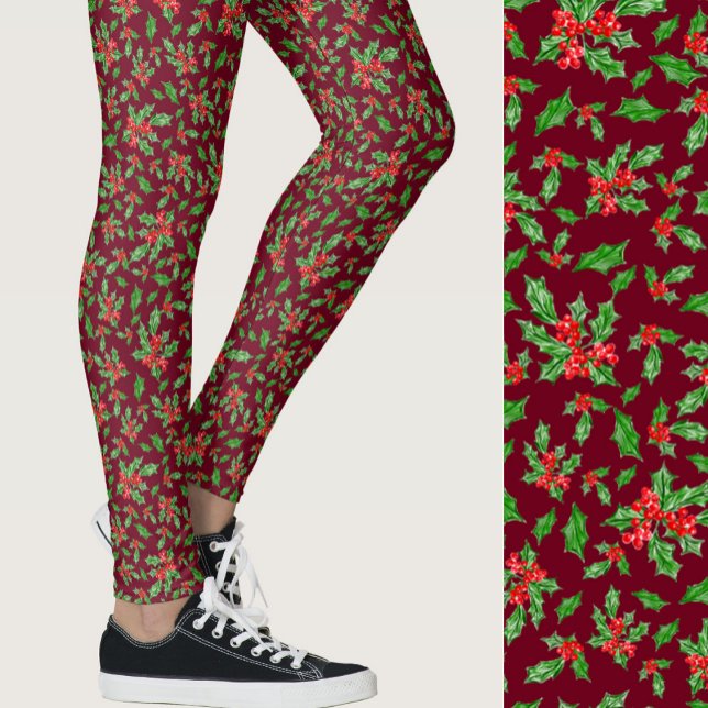 Leggings Red and green holly Christmas Patterned (Subido por el creador)