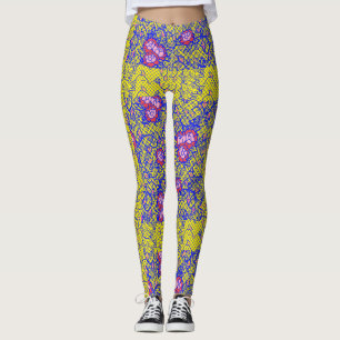 Leggings Red azul luminosa con flores 01 BG amarillo