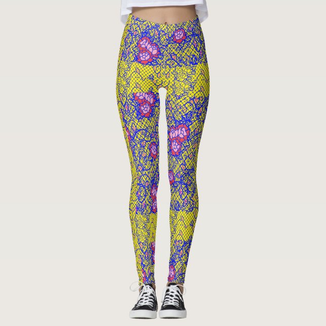 Leggings Red azul luminosa con flores 01 BG amarillo (Anverso)