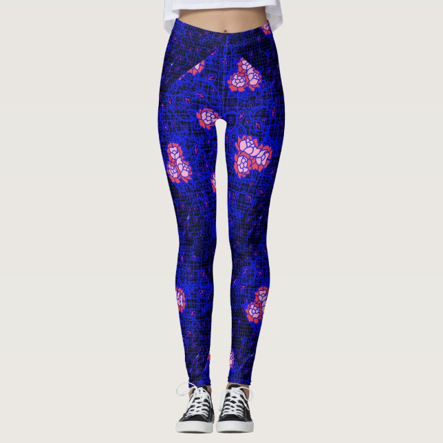 Leggings Red azul luminosa con flores 01 Negro BG (Anverso)