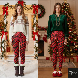 Leggings Red Black Diagonal Stripes Graphic Bow