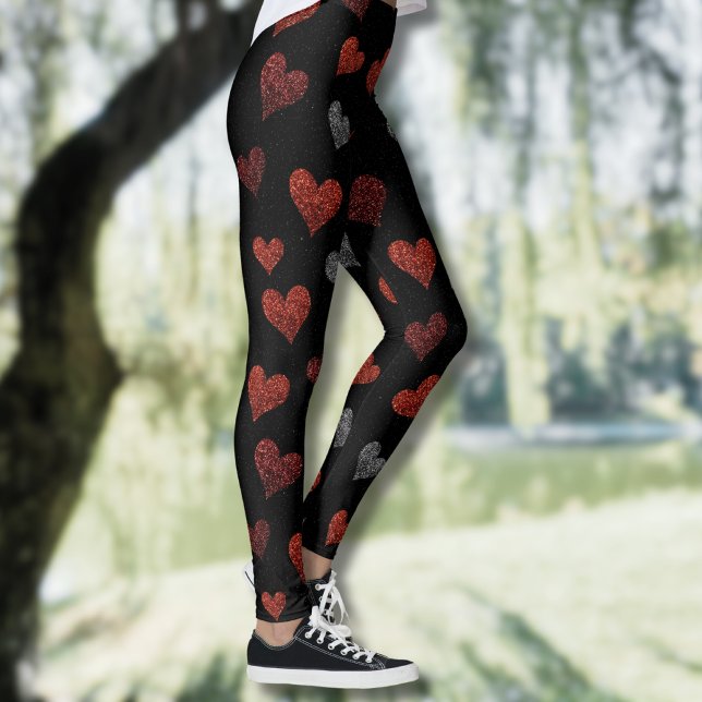 Leggings Red Burgundy Silver Glitter Hearts on Black (Subido por el creador)
