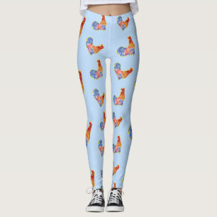 Leggings Red Funny Rooster Cockerel Blue and White Spots