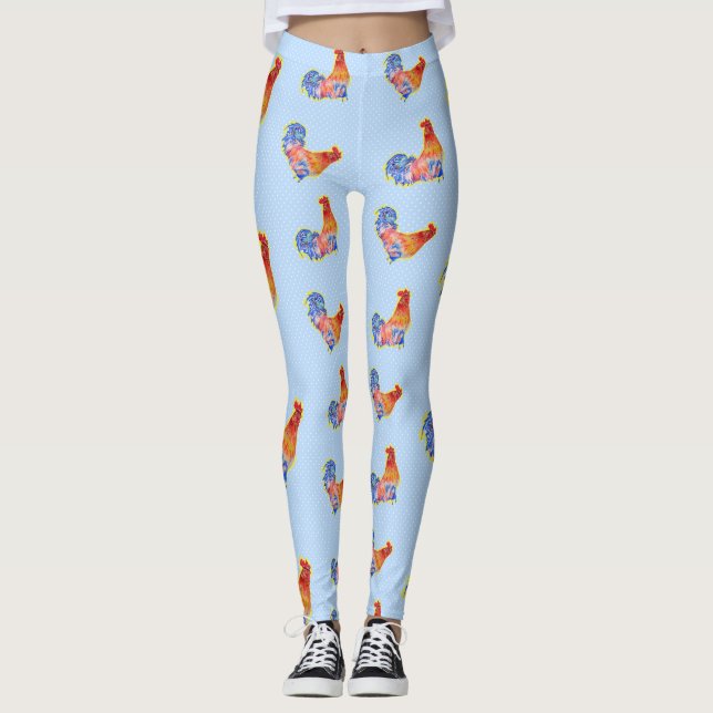 Leggings Red Funny Rooster Cockerel Blue and White Spots (Anverso)