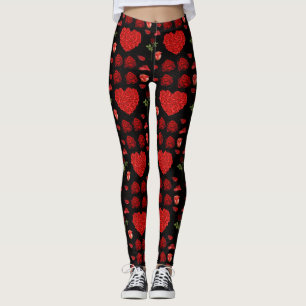 Leggings Red heart red flowers garden chic floral foliage