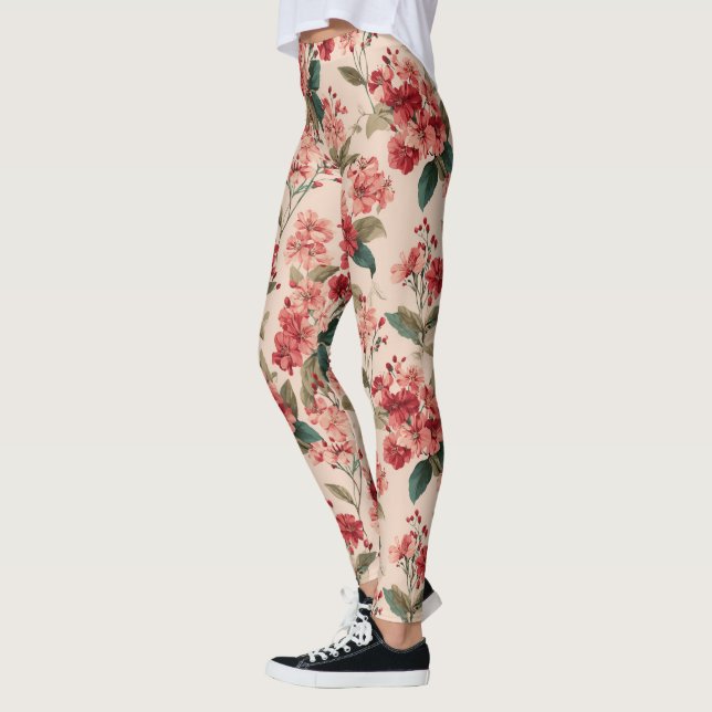 Leggings Red on Pink Hibiscus Floral  (Izquierda)