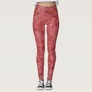 Leggings Red Paisley Damask Designer Floral Classic