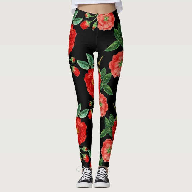 Leggings Red roses, black background, (Anverso)