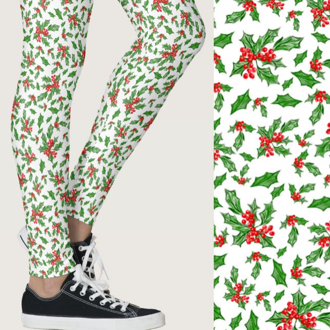 Leggings Red, white, and green holly Christmas Patterned (Subido por el creador)