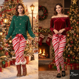 Leggings Red White Candy Cane Diagonal Stripes Bow