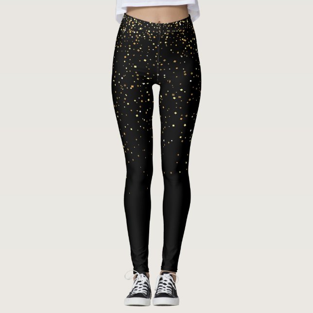 Leggings Regalo de espuma de oro y Purpurina negro moderno (Anverso)