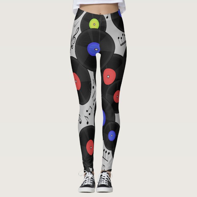 Leggings Registros de vinilo: Patrón de notas musicales (Anverso)