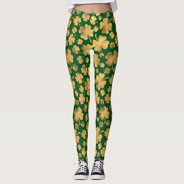 Leggings Relieve metalizado dorado Shamrock Lucky Clovers S (Anverso)