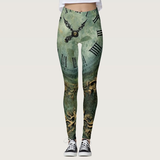 Leggings Reloj Steampunk Rústico Verde Esmeralda (Anverso)