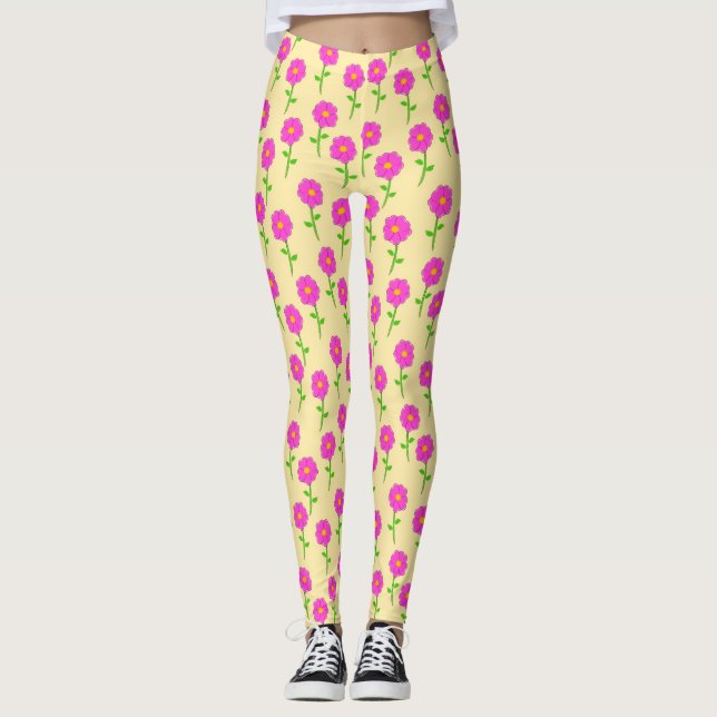 Leggings Repeat Flower Pattern with Hot Pink Flowers (Anverso)