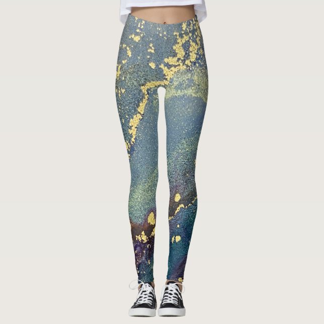Leggings Resumen Arte con tinta de alcohol azul Verde azula (Anverso)