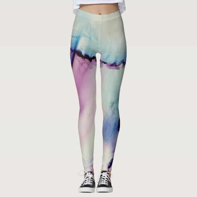 Leggings Resumen Arte con tinta de alcohol rosa azul morado (Anverso)