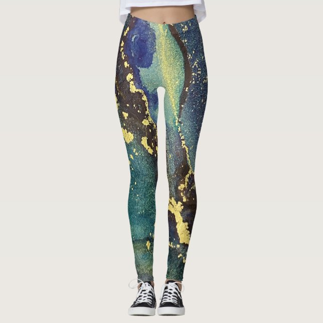 Leggings Resumen Arte con tinta de alcohol Verde azulado or (Anverso)