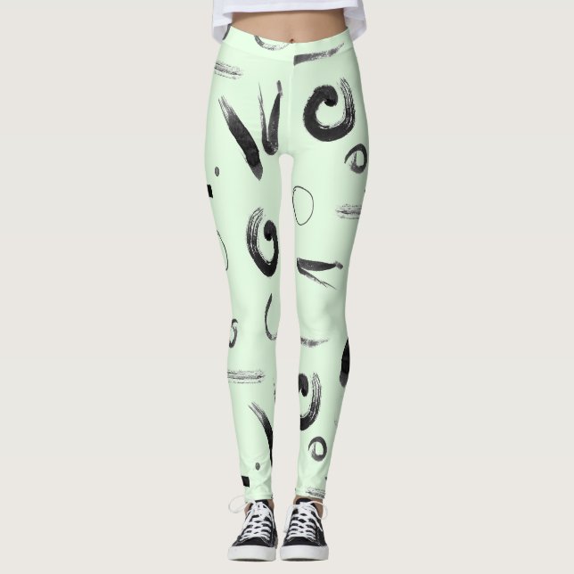 Leggings Resumen asiático negro sobre diseño verde (Anverso)