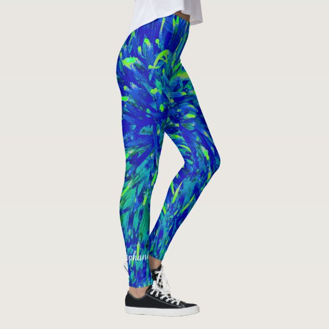 Leggings Resumen azul y verde con nombre personalizado (Derecha)
