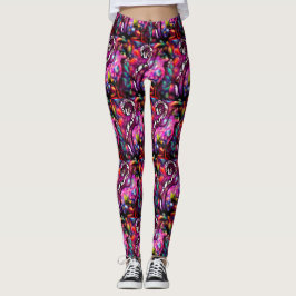 Leggings Resumen caprichoso Gato Kitty Floral Rojo Rosa
