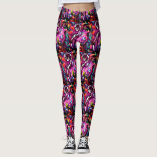 Leggings Resumen caprichoso Gato Kitty Floral Rojo Rosa