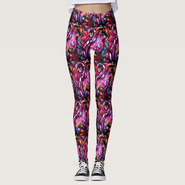 Leggings Resumen caprichoso Gato Kitty Floral Rojo Rosa (Anverso)