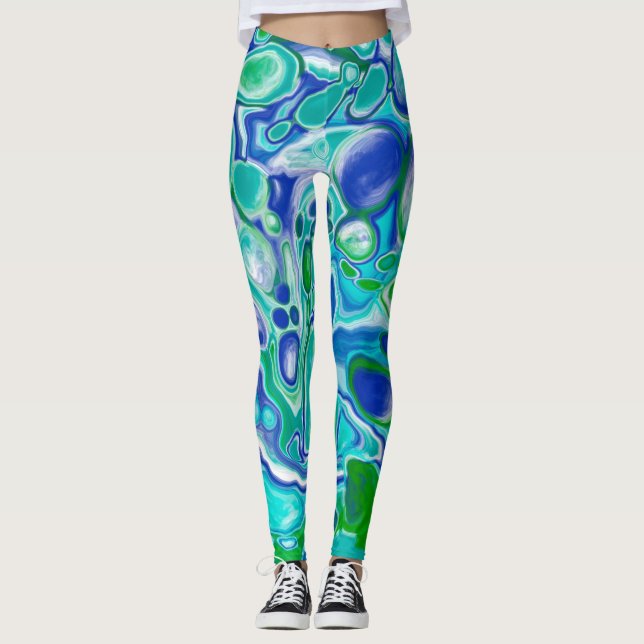 Leggings Resumen de arte de fluidos de mármol azul y verde (Anverso)