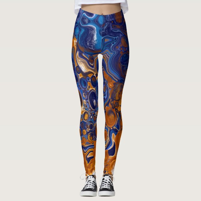Leggings Resumen de arte moderno en azul y cobre (Anverso)