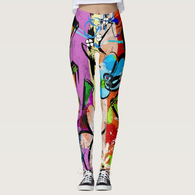 Leggings Resumen De Flores, Composición De Líneas Geométric (Anverso)